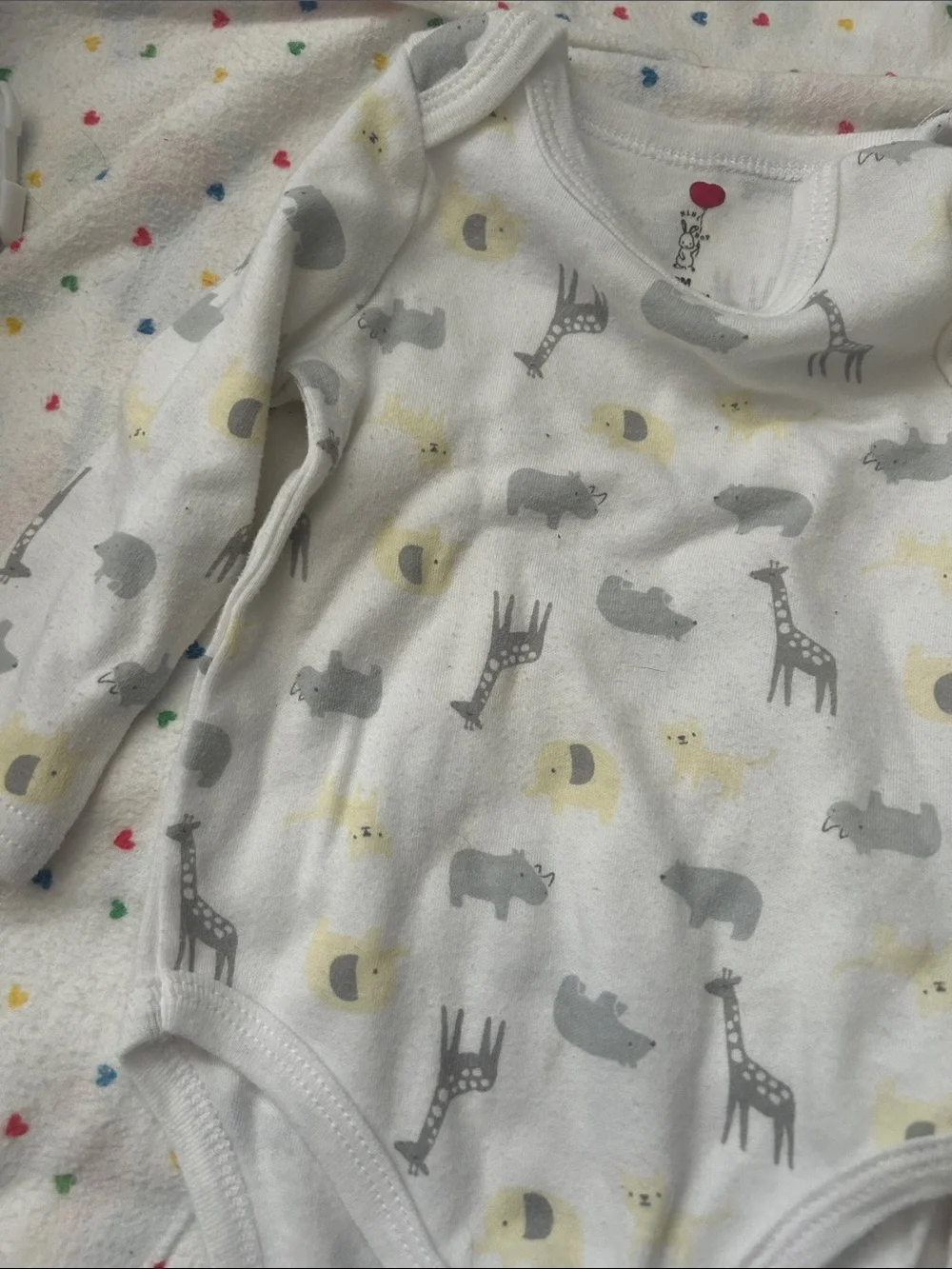 Long-Sleeve Baby One-Piece with Gray Safari Animals and Yellow Accents